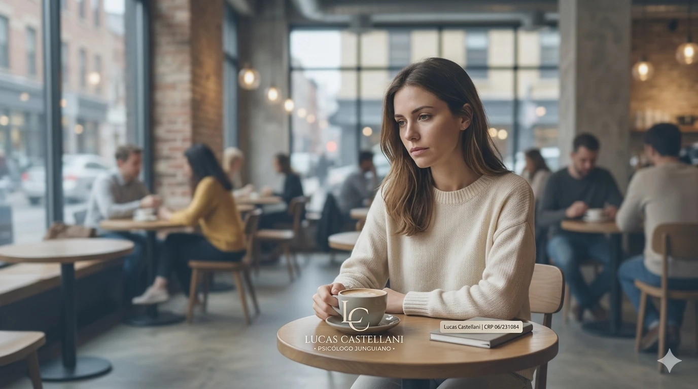 Ilustração minimalista de uma silhueta humana observando uma paisagem urbana que parece fragmentada ou irreal, simbolizando os fenômenos de desrealização.