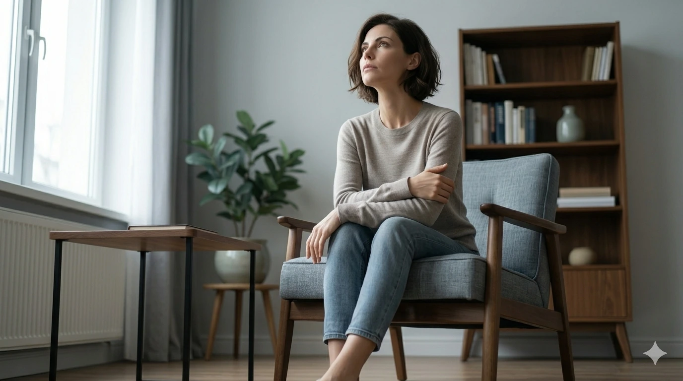 Uma poltrona de design elegante em uma sala ampla e vazia, com uma luz lateral suave, simbolizando a solidão e o vazio existencial no topo do sucesso.