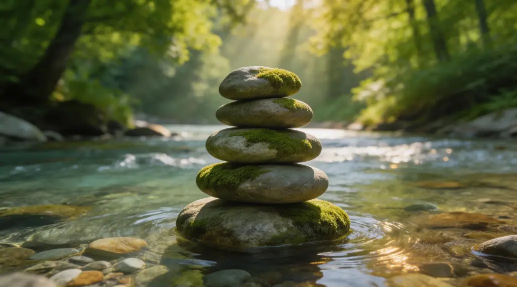 Uma imagem que equilibra elementos da natureza, como pedras empilhadas de forma harmônica, simbolizando a regulação do sistema nervoso e o equilíbrio entre corpo e mente.