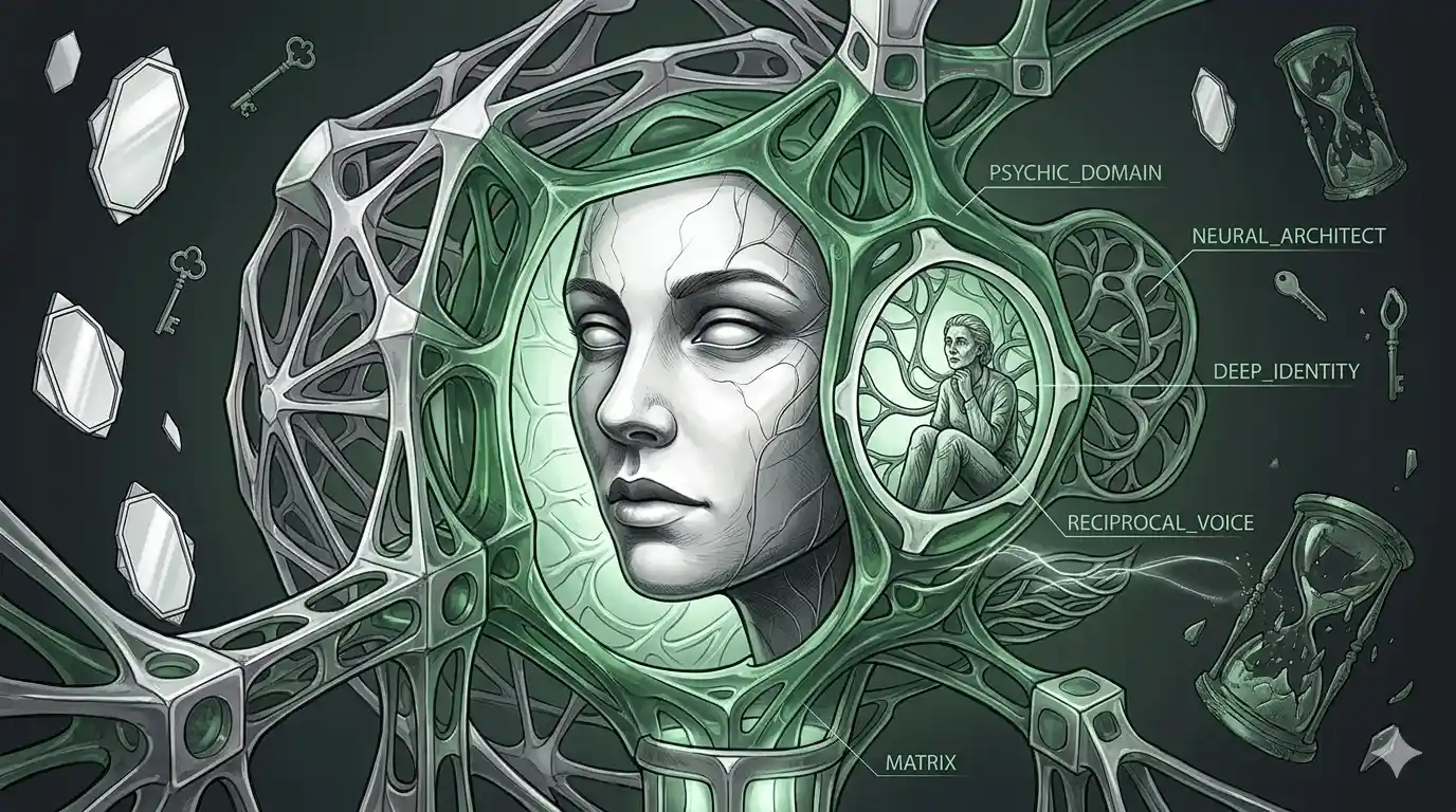 Ilustração de silhuetas sobrepostas em tons de cinza e azul-petróleo, sugerindo a profundidade das camadas da mente e a integração de vozes internas.