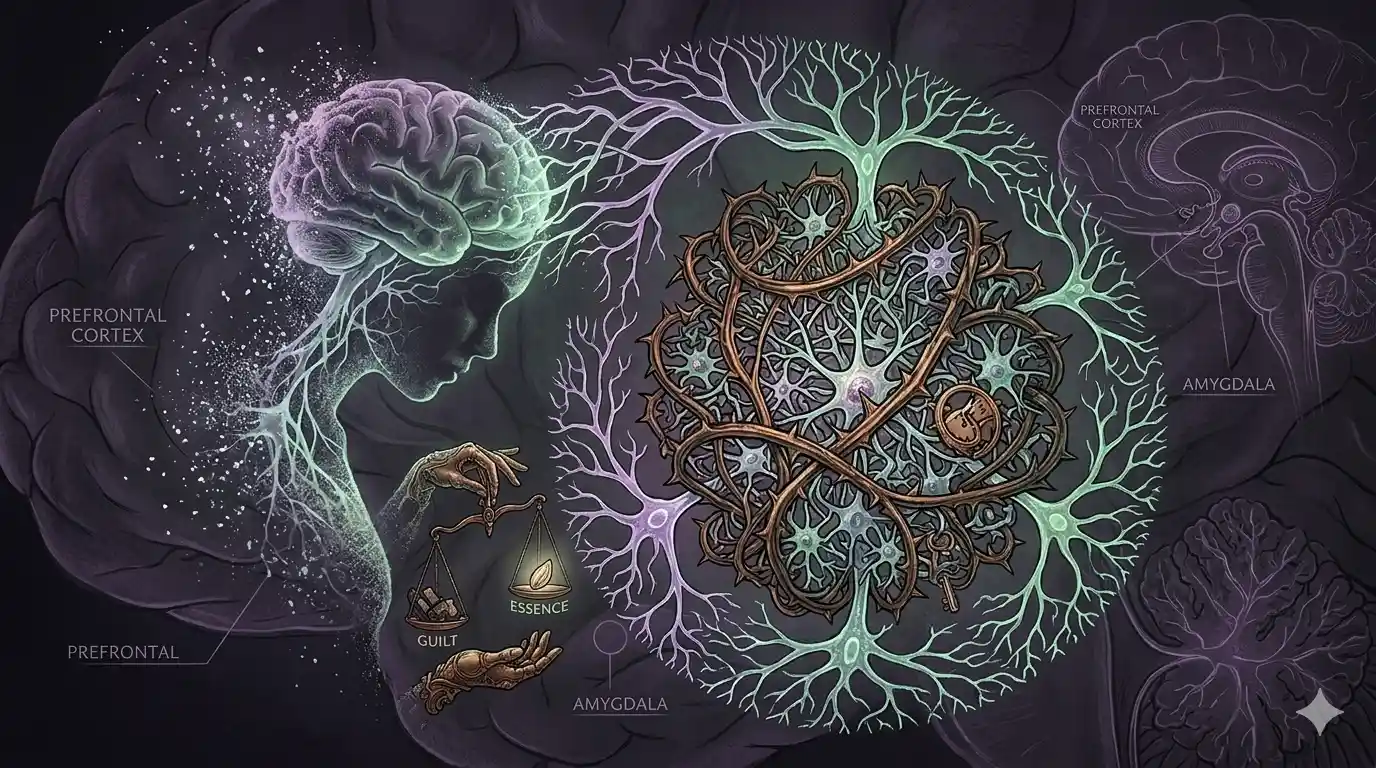 Uma representação visual de luz e sombra sobre um rosto humano sereno, simbolizando a integração do crítico interno e a busca por equilíbrio emocional.