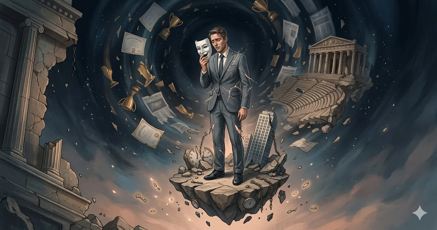 Ilustração minimalista de uma figura segurando uma máscara de expressão impecável, revelando por trás um rosto sereno e humano, simbolizando a busca pela identidade real.