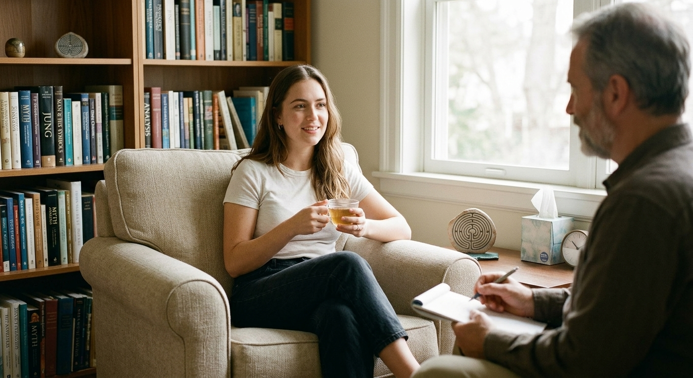 Mulher sorrindo em sessão de terapia com psicólogo junguiano, segurando uma xícara de chá, em ambiente acolhedor com estante de livros de psicologia no fundo, ilustrando o processo de análise junguiana e fortalecimento do ego.